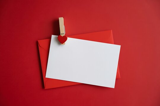 A blank white card is clipped to a red envelope with a small wooden clothespin adorned with a tiny red heart on a vibrant red background