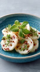 A Delicious Appetizer of Sliced Lotus Root Topped with Fresh Mint and Spices Served in a Textured Blue Ceramic Bowl on a Gray Surface with Soft Studio Lighting