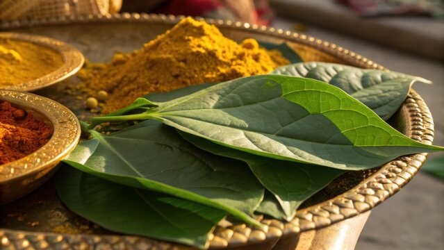 Indian tradition of coming of age is symbolized by betel leaves and turmeric on decorative plate