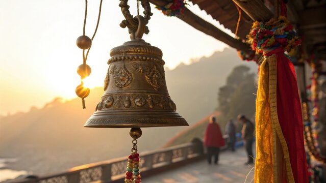 Traditional Indian bell hangs in temple at sunset symbolizing coming of age in cultural traditions