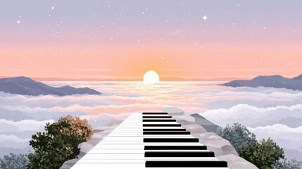 A surreal landscape featuring a piano pathway leading to a colorful sunrise over clouds.