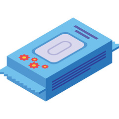 A light blue package of baby wipes with flower designs on the side and a blank oval label on top featuring a simple minimalist graphic design on a transparent background