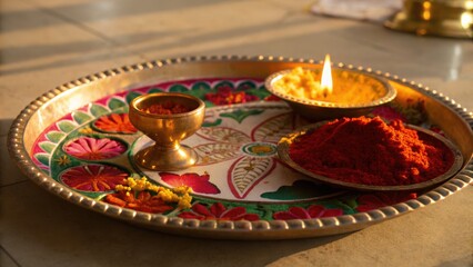 Vibrant display of Indian tradition with coming of age ceremony plate featuring colorful powders and lit lamp