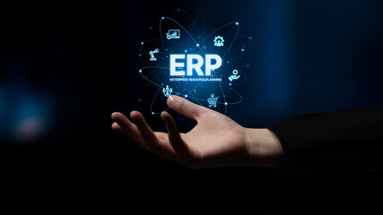 ERP platform visual showing centralized system for enterprise resource planning, improving integration, data flow, business efficiency, finance, inventory, and human resources. Spline