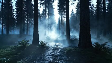 Misty forest walk: atmospheric woodland trail with fog and sunlight nature ambiance video - Powered by Adobe