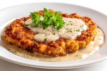 Crispy Fried Chicken Steak Served with Creamy Gravy and Fresh Parsley on a White Plate
