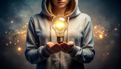 A person in casual hoodie holding a glowing golden light bulb with sparks and particles floating around, symbolizing the birth of an idea, motivation, and inspiration.