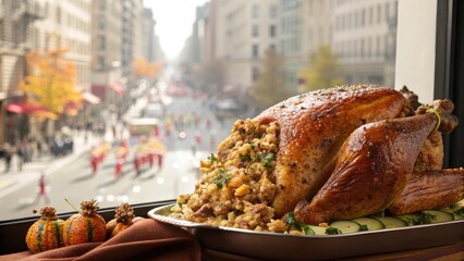 Thanksgiving turkey dinner with a parade view in the background