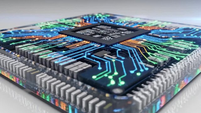 A glowing computer processor with colorful circuits embedded in a transparent casing