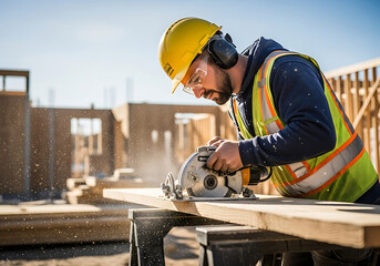 Skilled construction worker using a circular saw to cut wood on a sunny day site