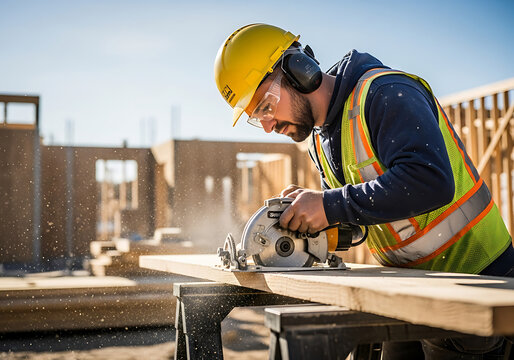 Skilled construction worker using a circular saw to cut wood on a sunny day site
