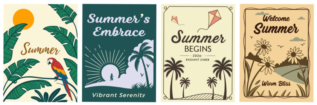 summer themed posters collection: vibrant tropical beach sunset and floral welcome designs for poster, greeting card and flyer