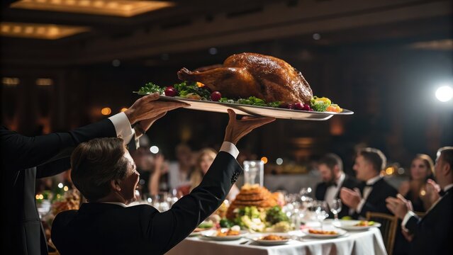 Thanksgiving dinner served at a formal event with guests applauding - Powered by Adobe