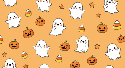 Obraz premium Halloween Pattern with Ghosts, Pumpkins, and Candy Corn.