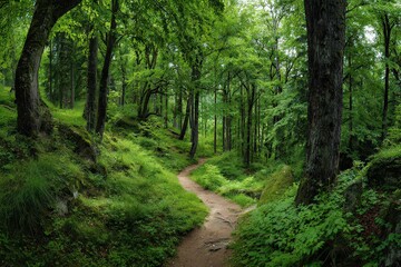 Fototapeta premium Lush Green Forest Path Through Dense Woodland with Sunlight Filtering Through Trees Mossy Ground Natural Beauty and Serene Ambiance