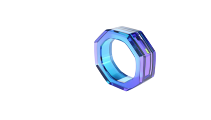 Iridescent, faceted ring with gradient blue, violet, and white panes, floating against solid black backdrop