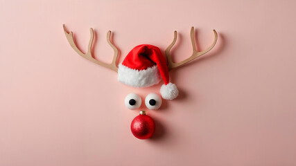 Creative minimalist Christmas reindeer face made from simple objects on pastel pink background, modern flat lay holiday concept with Santa hat and red nose. Toy style. Banner. 