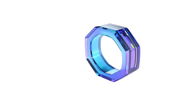 Iridescent, faceted ring with gradient blue, violet, and white panes, floating against solid black backdrop