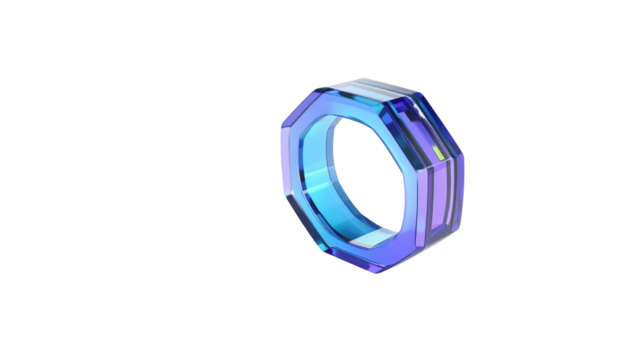 Iridescent, faceted ring with gradient blue, violet, and white panes, floating against solid black backdrop
