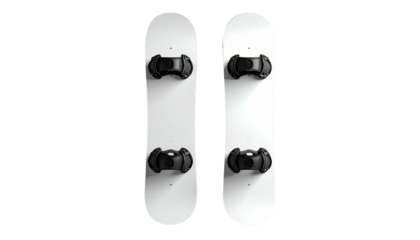 Two sleek white skateboards with black bindings sit upright against a dark backdrop, casting subtle shadows
