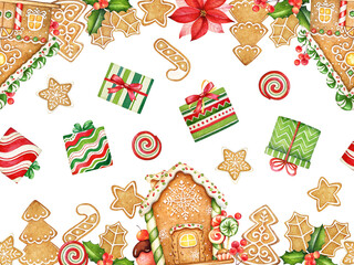 Horizontal seamless pattern of watetcolor gingerbread cookies and houses, sweets, gift boxes and Christmas plants isolated on white background. Festive design for packaging, decor, and surface print