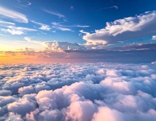 Aerial view of a stunning sunset over a fluffy cloudscape