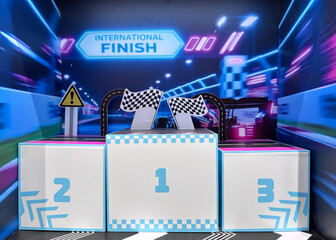 Empty winner's podium stands ready for the champions at an indoor racing event, awaiting the thrill of victory and celebration.