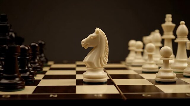 Close Up Chessboard with White Knight and Black Pieces on Wooden Board