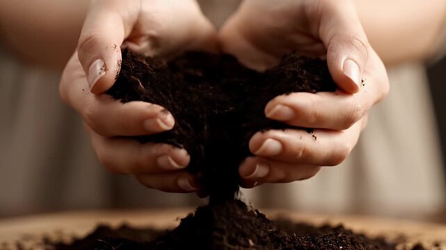 Close Up of Woman Hands Holding Dark Brown Soil Against Neutral Background