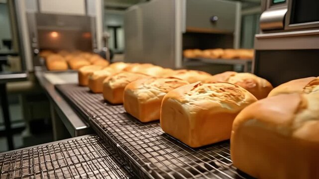 Freshly baked bread loaves move along a conveyor belt in a bustling industrial bakery.