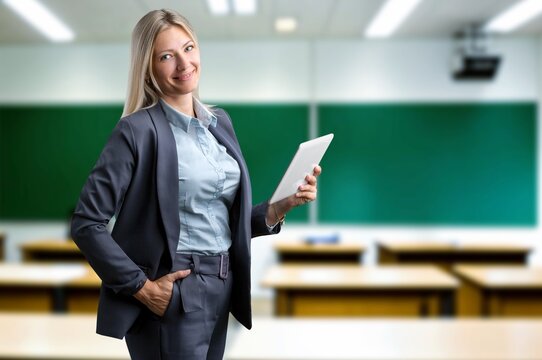 Happy young female teacher during a lecture in classroom.