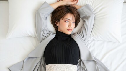 ベッドに仰向けで寝転がり、腕を組む女性