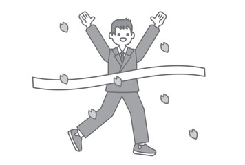 ゴールテープを通る中高生の男の子のモノクロイラスト