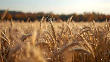 Golden wheat field at sunset in warm colors, Close-up of wheat plants in a field ready for harvest with autumn colors in the background