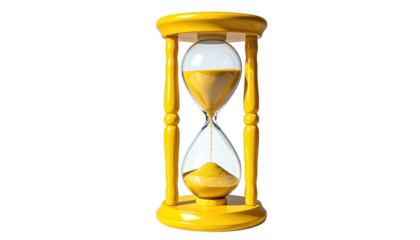 A shiny, bright yellow hourglass filled with golden sand sits against a stark black background