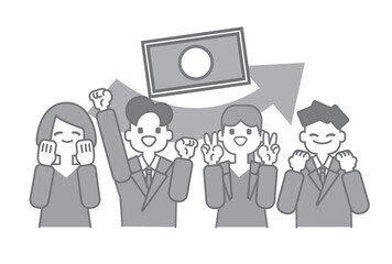 給与アップで喜ぶビジネスチームのモノクロイラスト