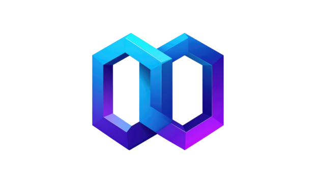 Abstract, stylized geometric shape, reminiscent of infinity, with gradient hues and polygonal construction against black background