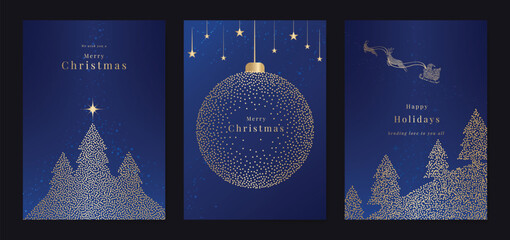 Plakat Christmas and Happy Holidays card vector set. Luxury gold victorian frame, leaves branch, flower, star, snowflake on navy blue background. Design illustration for poster, cover, invitation, ads. 