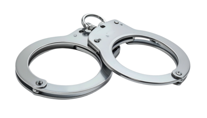 Gleaming, metallic handcuffs, intricately detailed and arranged, against a dark, stark background