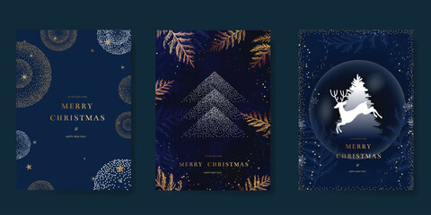 Plakat Christmas and Happy Holidays card vector set. Luxury gold victorian frame, leaves branch, flower, star, snowflake on navy blue background. Design illustration for poster, cover, invitation, ads. 