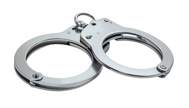 Gleaming, metallic handcuffs, intricately detailed and arranged, against a dark, stark background