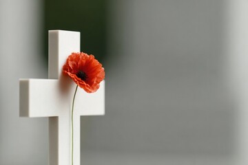 White cross adorned with vibrant poppy flower symbolizes remembr