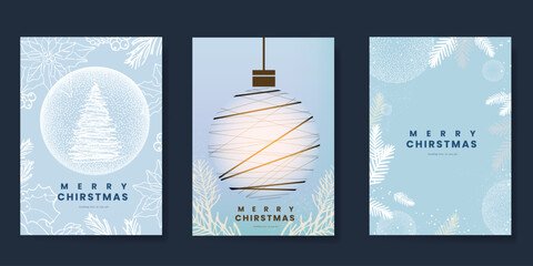 Christmas and Happy Holidays card vector set. Luxury gold victorian frame, leaves branch, flower, star, snowflake on navy blue background. Design illustration for poster, cover, invitation, ads.
