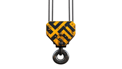 Isolated yellow/black striped crane hook with a metal ring against a solid black backdrop