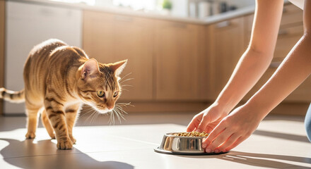 Fototapeta na wymiar Girl feeding cat from bowl in sunny kitchen, pet care and nutrition