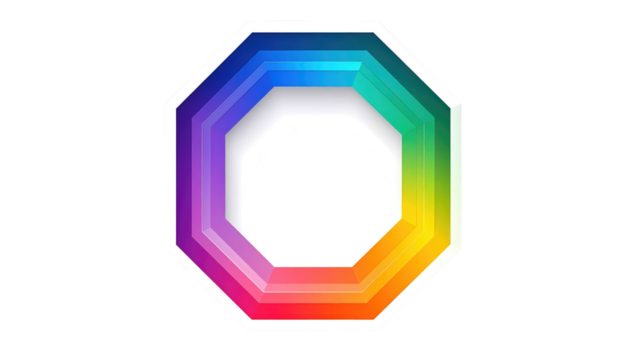 Octagon with nested colorful borders ranging from purple to yellow, white interior, isolated on a black background