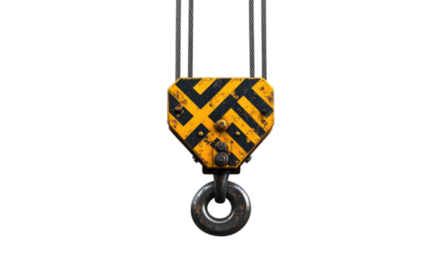 Isolated yellow/black striped crane hook with a metal ring against a solid black backdrop
