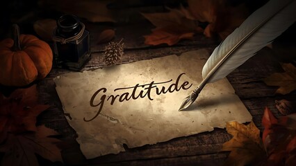 Gratitude message with vintage feather and inkwell for Thanksgiving, Cozy Thanksgiving scene with warm autumn colors and the message of gratitude