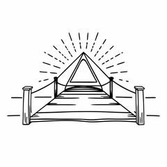 Bridge leading to radiant triangle with glowing lines, minimal hand drawn style, spiritual and surreal vibe