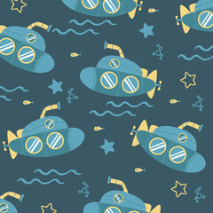 blue navy submarine seamless pattern vector cartoon design for kids apparel fullprint fabric